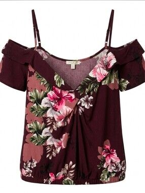 Express One Eleven Maroon Floral Print Cold Shoulder Crop Top Size Medium